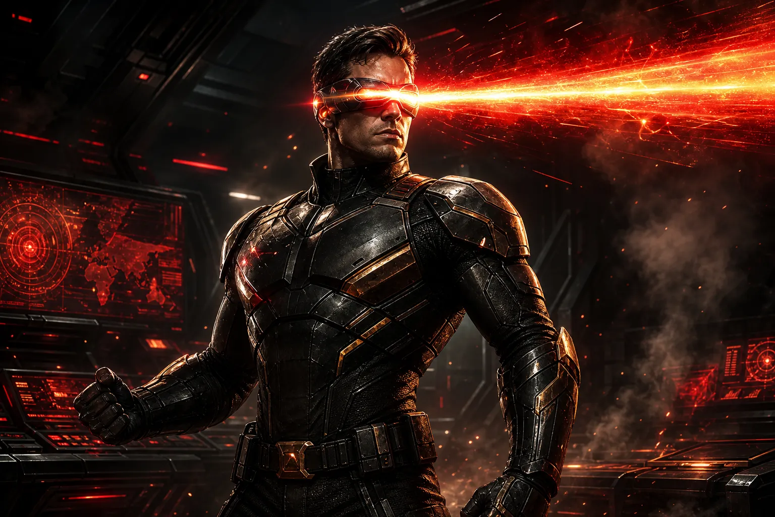 Original key art of a Cyclops-style hero firing a red-gold optic beam in a dark tactical setting