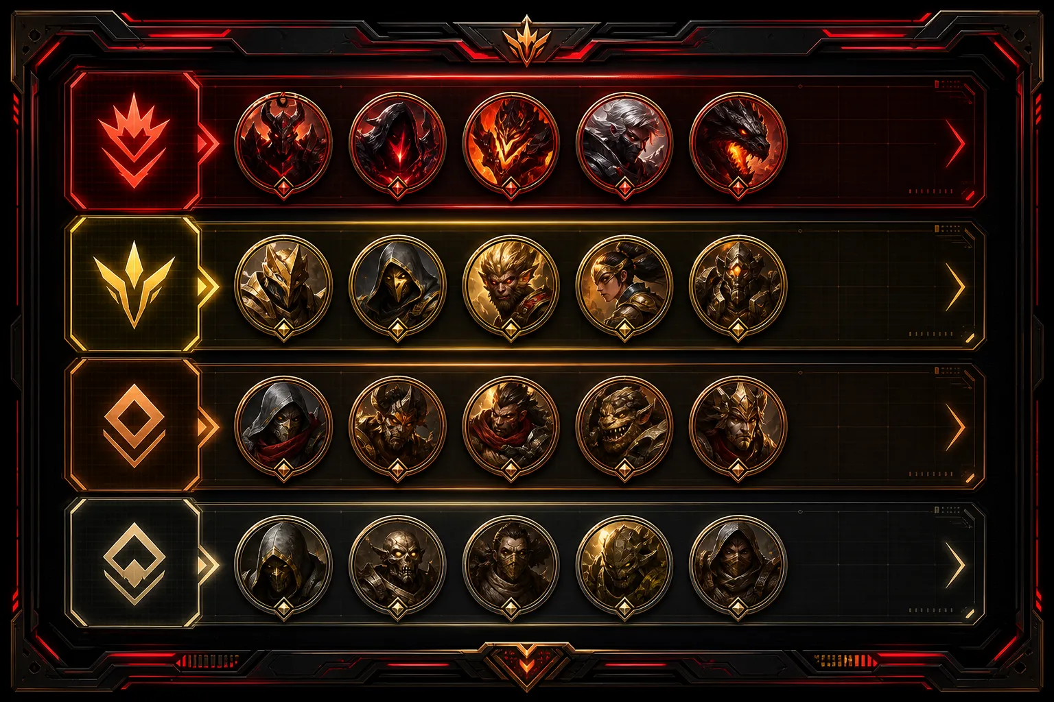 Original dark HUD tier board concept with S, A, B, and C ranked rows in red and gold